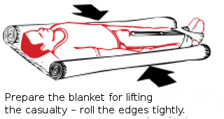 Prepare the blanket for lifting the casualty roll the edges tightly.